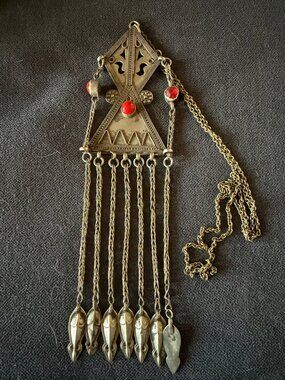 Antique Turkmen Afghanistan Ethnic Tribal Fish Necklace Red Glass